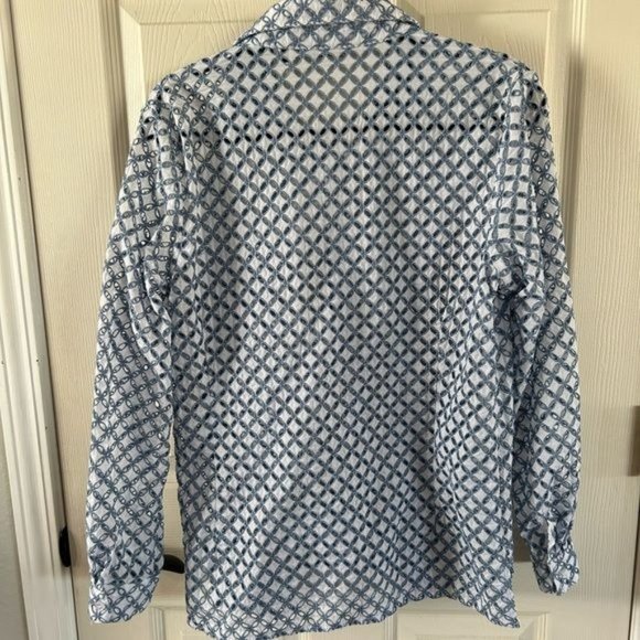 Samuel Dong Eyelet Cutout Button Down Long Sleeve Blouse, Blue White Sz Medium - Picture 15 of 16